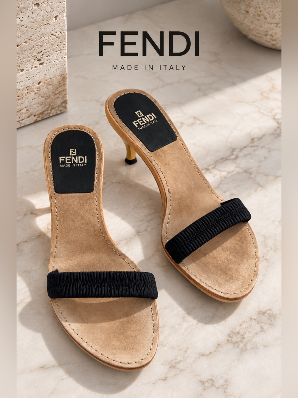 FENDI Authentic vintage Zucca FF kitten heel slide sandals Size 8 US / 38 EU GUC